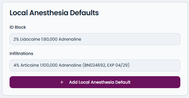 Local anaesthetic defaults in myCliniBot with batch number and expiry date