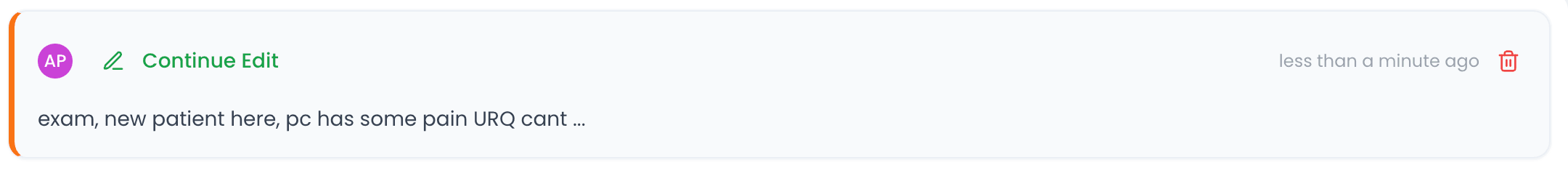 A saved draft card in myCliniBot with patient initials and a Continue Edit button