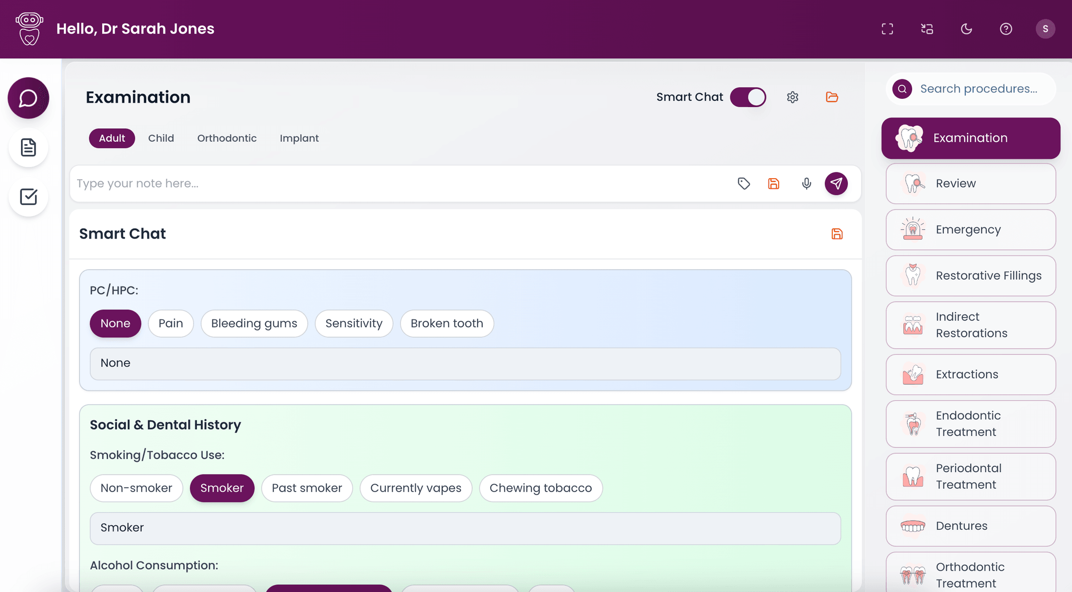 Smart Chat in myCliniBot showing structured examination sections with selectable tags