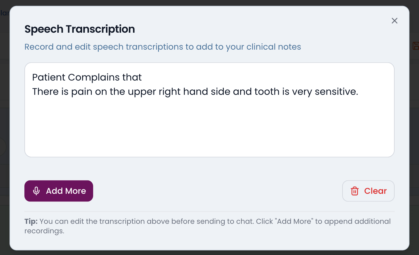 The transcription window in myCliniBot showing dictated text ready to edit